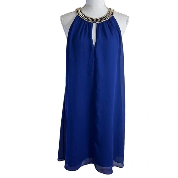 Vince Camuto Indigo Blue Chiffon Dress Size 6 Keyhole Neckline Gold Metal Beads - Picture 1 of 11
